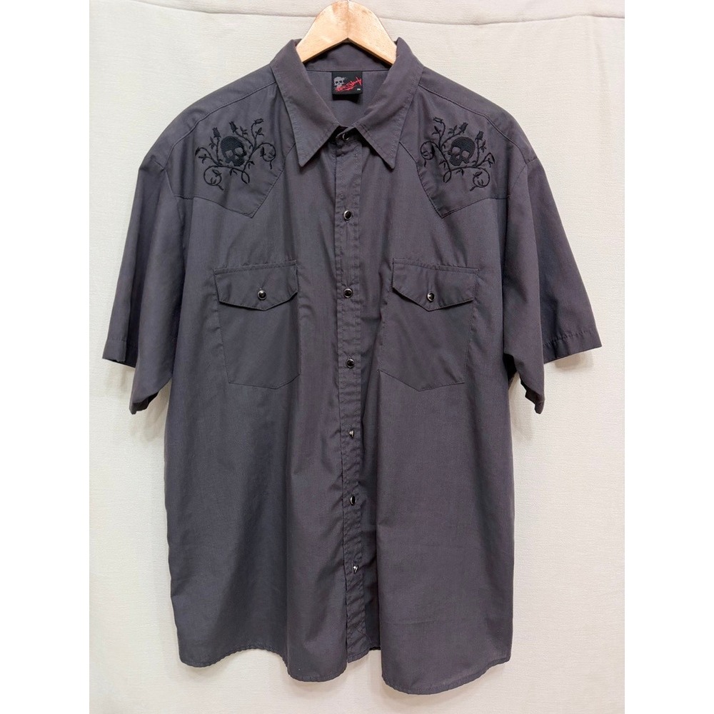 Rocksteady Men Button Up Shirt Gray Skull Embroidered Short Sleeve Western 2XL
